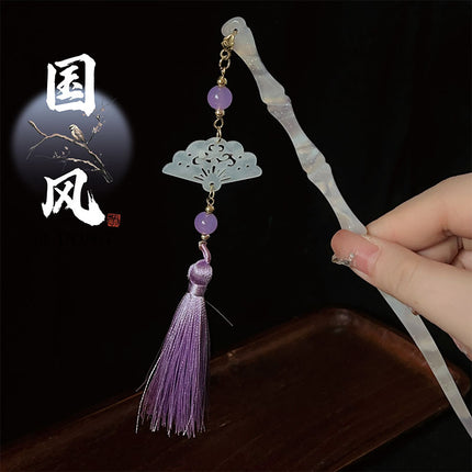 Purple Folding Fan Ink Painting Tassel Hair Hairpin Antique High-end Feeling Disc Hair Hairpin Step-up Women's Hanfu Hair Hairpin Headwear