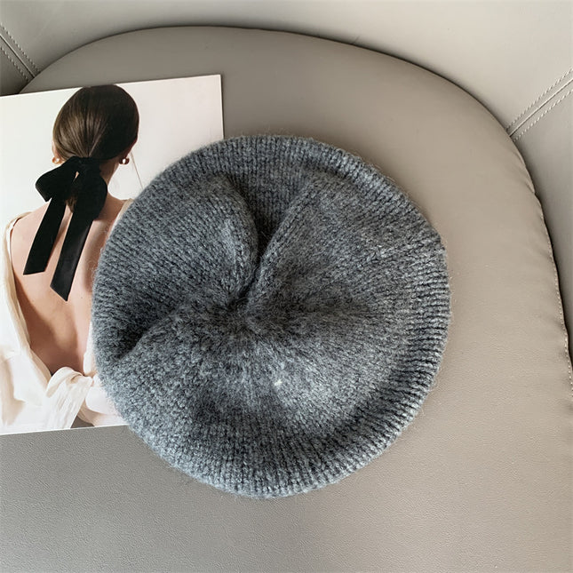 mohair knitted beret children autumn and winter warm big head circumference painter hat solid color wool hat