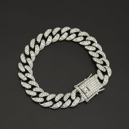 European and American hip hop style full diamond encryption Cuban chain clavicle chain necklace hipster cool flash personality butterfly buckle necklace accessories