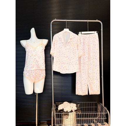 Small Floral Print Women's Short Top, Shorts, Short-Sleeve Long Pants Four-Piece Set, Spring and Summer Lace with Chest Pads, Sweet Ice Silk Loungewear