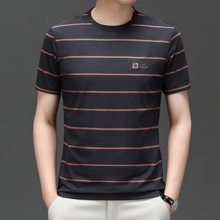 Famous emperor mouse men's summer new round neck pullover short sleeve t-shirt business casual striped young and middle-aged men's T-shirt