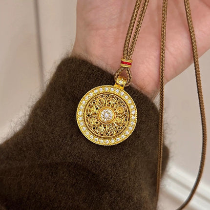 Brass Gold-Plated Large Eight-Treasure Compass Necklace with Ancient-Style Diamond Inlay, Sweater Chain, Round Disc Fortune Lockbone Chain for Women