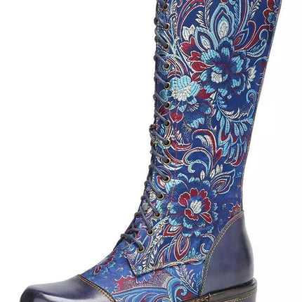 2025 Export New Style Side Zipper Boots Autumn and Winter Retro Flats Embroidered Boots Embroidered Low Heel Knight Boots High Tube Women