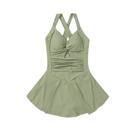 One-Piece Swimsuit, Feminine Hot Spring Bathing Suit, Slimming Look, Belly-Covering, High-End Conservative Small-Breasted Push-Up Halter Swimsuit