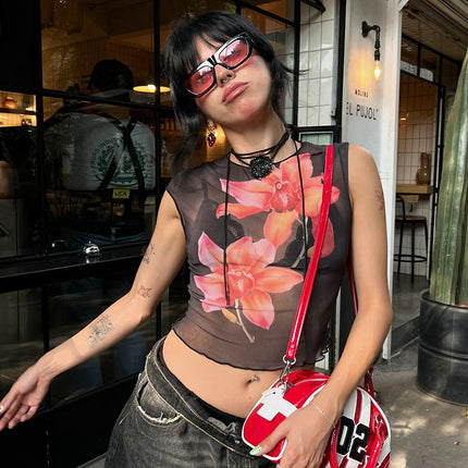 H053TP European and American Spice Girls 2024 Summer New Round Neck Sleeveless Niche Slim-Fit Slimming Printed Short Vest