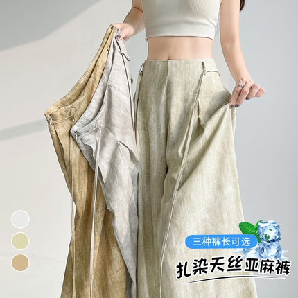 Satin Tie-Dye Suit Pants for Women, Summer Thin High-Waisted Slimming Loose Drape Floor-Length Wide-Leg Pants Skirt, Casual Versatile