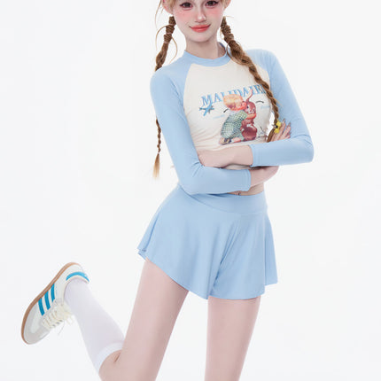 New Style Fresh and Simple Women's Conservative Two-Piece Swimwear with Long Sleeves and Sporty Style, Pure Desire Three-Piece Swimsuit