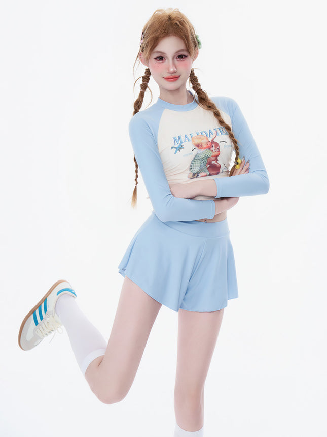 New Style Fresh and Simple Women's Conservative Two-Piece Swimwear with Long Sleeves and Sporty Style, Pure Desire Three-Piece Swimsuit