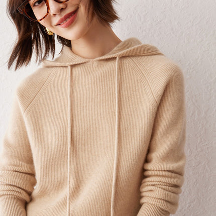 Early Autumn New Hooded Women's Simple Solid Color Yuanbao Needle Hoodie Loose Slimming 100 Pure Cashmere Knitted Sweater