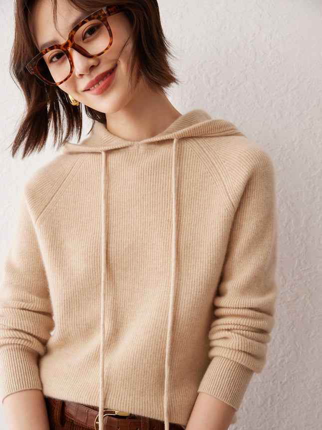 Early Autumn New Hooded Women's Simple Solid Color Yuanbao Needle Hoodie Loose Slimming 100 Pure Cashmere Knitted Sweater