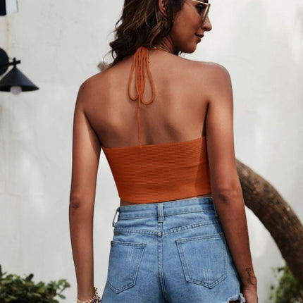 Cross-border foreign trade solid color halter small sling hot girl style spring and summer can be worn outside sexy European and American style lace-up knitted tube top