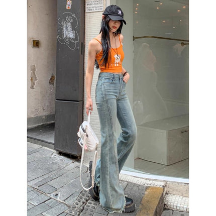 High-Waisted Bootcut Jeans for Women 2025 New Korean Style Raw Edge Horseshoe Pants Slimming Look Slimming Look Flared Pants