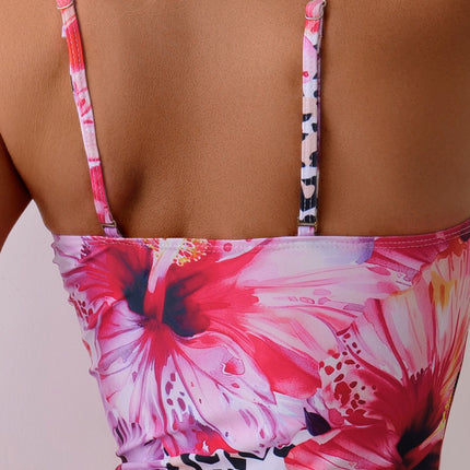 Amazon Explosive one-piece swimsuit women's strap sexy European and American bikini swimsuit pink flower fishbone swimsuit women