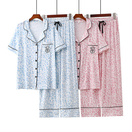 Cross-border Foreign Trade Leopard Print Modal Cardigan Lapel Short-sleeved Trousers Women's Thin Pajamas Home Clothes suit