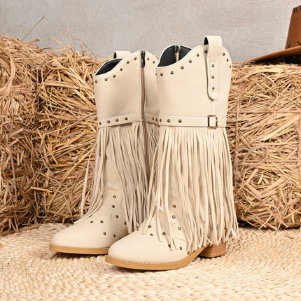Cross-Border Tassel Thick Heel Western Cowboy Boots for Women 2025 New Autumn and Winter Retro Solid Color Mid-Calf Boots Knight Boots