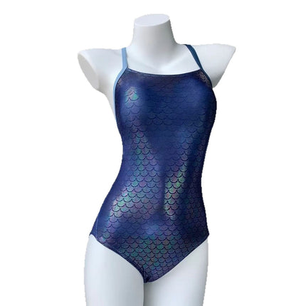Mermaid Scale Slimming Look Small Breast Double Shoulder Sling Racing Sports Training Fixed Cup One-Piece Swimsuit for Women