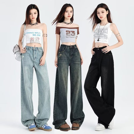 light blue High Waist Wide Leg Jeans Women's 2025 Spring New Slimming All-match Small Straight Pants