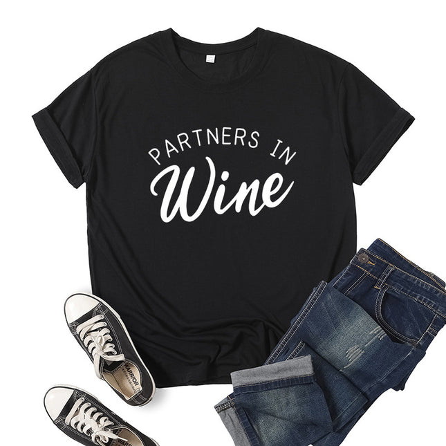 Foreign Trade Cross-border PARTNERS IN WINE Printed Short-sleeved Crewneck T-shirt European and American Men's and Women's Top Loose Casual