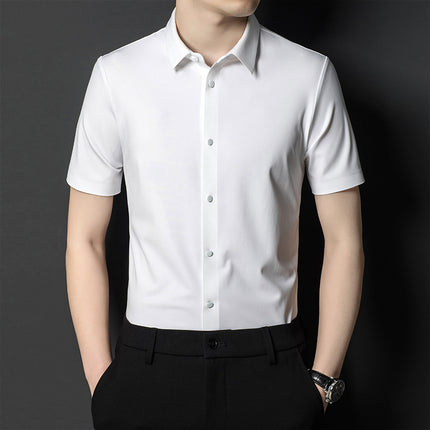 Summer New Vertical Striped Shirt for Men, Short-Sleeved Business Casual High-Elastic Seamless Shirt, Slim Fit Light Business
