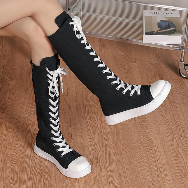 Cross-Border 2025 Spring New Large Size Women's Shoes High-Top Strap Side Zipper Canvas Shoes Simple Long Knee-High Boots