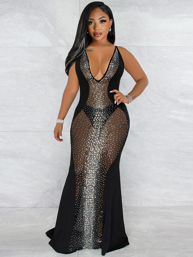 9525 Cross-border Women's New Sexy Perspective Sleeveless Deep V Rhinestone Mesh Nightclub Party dress