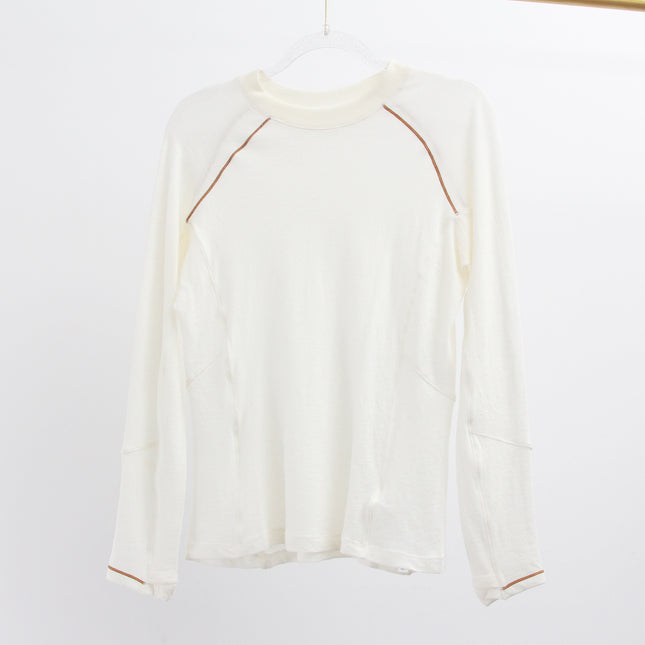 Merino Wool Long-Sleeved T-Shirt for Women, Antibacterial, Deodorant, Contrasting Shoulder Line, Waist Slimming Look, Outdoor Sports, Hiking and Fitness