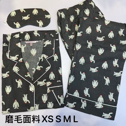 2025 Big-Name Catwalk Export Brushed Cotton Long-Sleeved Women's Pajamas Printed Casual French Outer Wear Home Clothes with Eye Mask