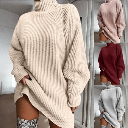Cross-Border New Product Wish Knitwear Mid-Length Raglan Sleeve Half Turtleneck Knitwear Dress