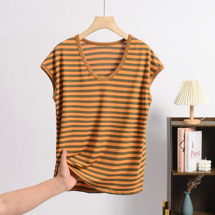 Cross-border Loose plus size Modal Sleeveless Round Neck Striped T-shirt Summer Thin Loose Slimming Casual Base Shirt
