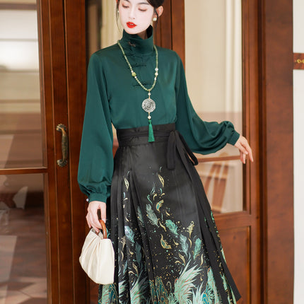 New Chinese Ming Han clothing suit 2024 Spring stand collar two-way shirt top green feather woven gold makeup flower vest skirt