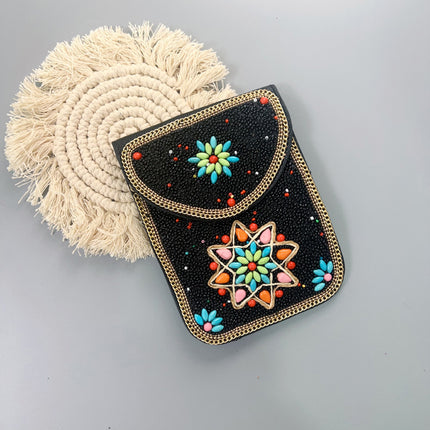 Red Lotus Women's Mobile Phone Bag Xinjiang Inner Mongolia Yunnan Travel Souvenir Retro Heavy Industry Rice Bead Shoulder Bag