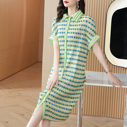 2025 Summer New Tea Break French Style Artistic Girl High Sense Polo Collar Green Striped Fashion Heart dress