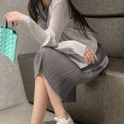 Miyake Women's Pleated dress Summer Long High-end Slimming Straight Sleeveless Vest Long Dress Slim-fit One-step Dress