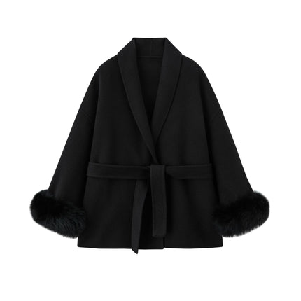 2025 Autumn and Winter Wool Double-Sided Woolen Outwear Woolen Short Fox Fur Petite Outwear Women's Mulberry Silk Jacket