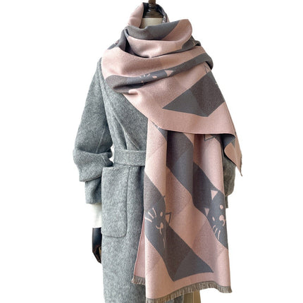 Niche Designer Cartoon Cat Cute Cashmere Scarf Women's Autumn and Winter Warm Thickened Neck Shawl New