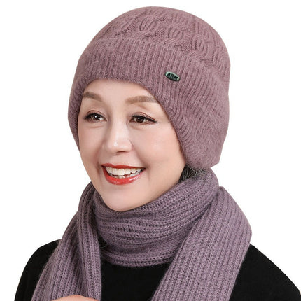 Middle-Aged and Elderly Knitted Hats Plus Plush Woolen Hats, Autumn and Winter Women's Scarf Hats, Warm Ear Protection Mother Hats, Winter Hats