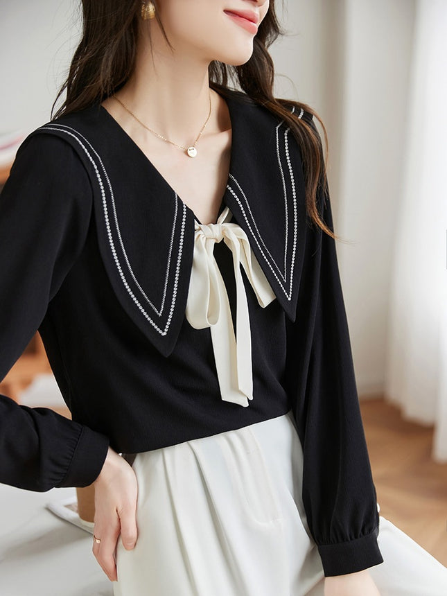plus size Women's French Color Contrast Elegant V-neck Small Shirt Women's Spring Slight Fat Pear Figure Women's Top