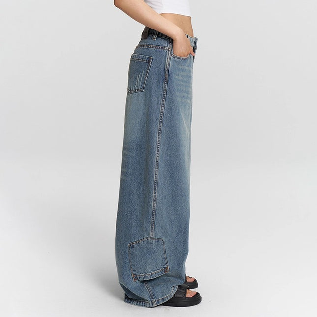 Jiamu Irregular Pocket Autumn/Winter American Baggy Jeans Unisex Loose Wide-Leg Straight Jeans for Men and Women
