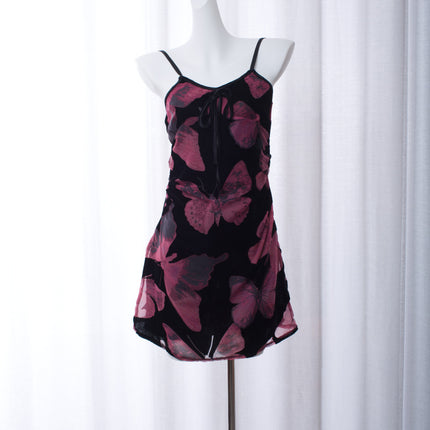 Butterfly Transformation Red/Apricot Print Dress Holiday Long and Short Suspender Skirt Fresh and Elegant Fashionable National Style