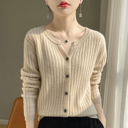 Korean-style Round V-neck Pit-strip Cardigan Women's Knitted Sweater Top Long-sleeved Solid Color Jacket Spring/Autumn/Winter Women's Knitted Jacket
