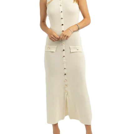 Cross-Border European and American Fashion Aliexpress Popular Round Neck Sleeveless Dress Single-Breasted High Waist Slim Party Banquet Long