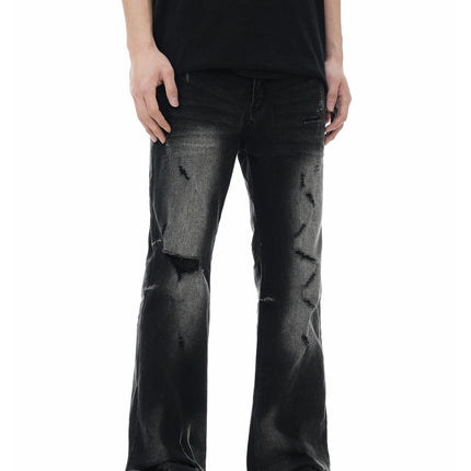 11Kn American Black Slightly Flared Ripped Jeans for Men and Women Washed Trendy Dark Knife Cut Destroyed Loose Casual Pants