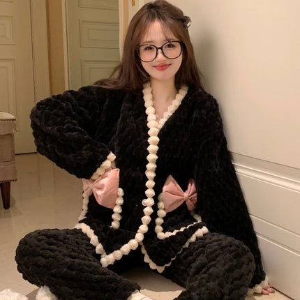 Flannel Autumn and Winter Pajamas Women's Sweet Internet Popular Ins Style Chanel Style Warm Long Sleeve Coral Fleece Home Clothes suit