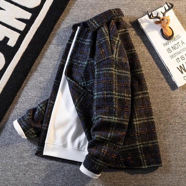 American retro plaid shirt men's spring and autumn loose casual jacket ruffian handsome coat home figure# XXF025