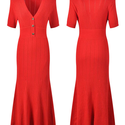 Cross-Border 2026 Summer New French Style Sp Blue Short-Sleeve Long Dress, Elegant V-Neck Slim-Fit Knit Dress