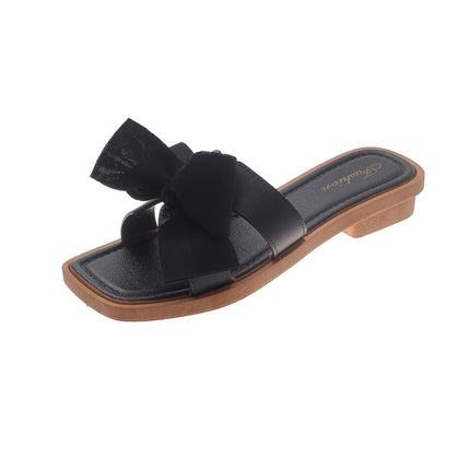 Internet Celebrity New Square Toe Fairy Style Bow Slippers for Women Summer Outer Wear Wedge Heels Fashion Versatile Flats Non-Slip Sandals