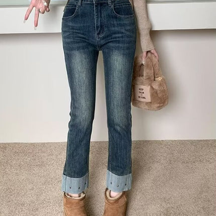 plus size Vintage Stretch Jeans Women's Autumn New chubby girl Small Slim Look High Waist Cropped Straight Pipe Pants