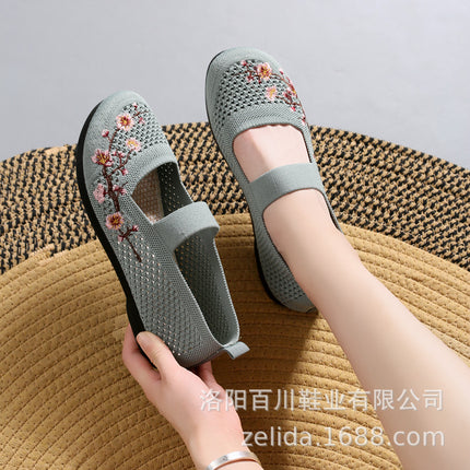 Mother Shoes 2024 Summer Hollow-out Mesh Shoes Polyurethane Middle-aged and Elderly Slip-on Ethnic Style Casual Fly-woven Embroidered Shoes