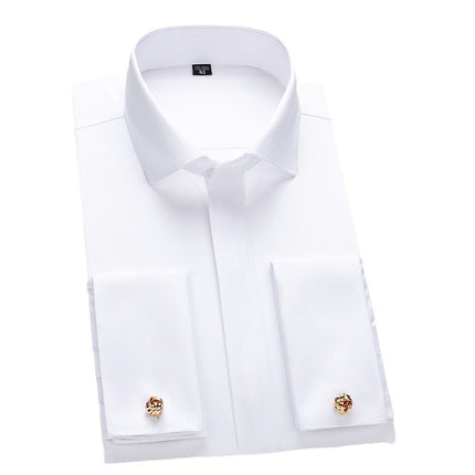 Men's French Cufflinks Shirt Men's Long-sleeved Windsor Collar Buckle Bamboo Fiber Double Stacked Sleeve Business Dress White Shirt