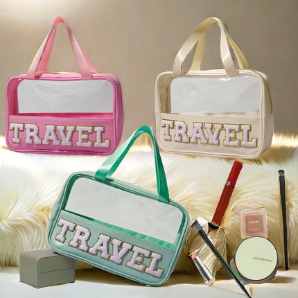 Cross-border New PU Transparent Portable Cosmetic Bag Large Capacity Toiletry Bag Portable Cosmetic Bag Travel Storage Bag